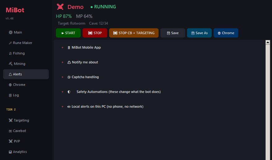 The Alerts tab, showing the mobile app section, notification choices, captcha handling and safety automations