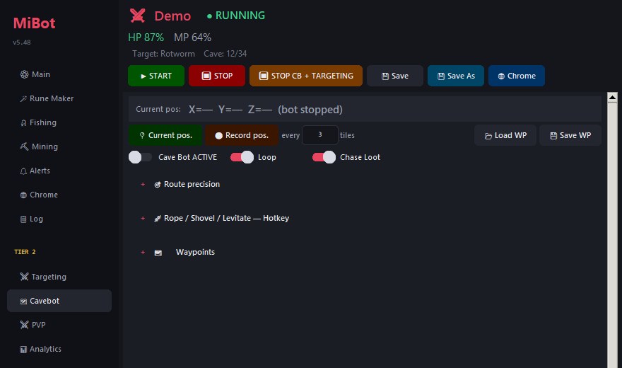 The Cavebot tab, showing waypoint recording, route precision, rope and shovel settings