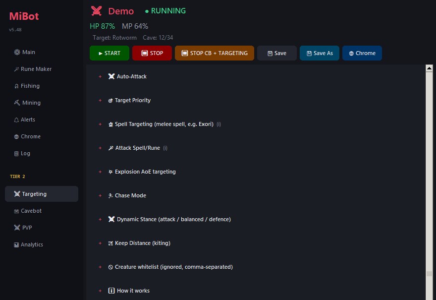 The Targeting tab, listing auto-attack, target priority, spell targeting, explosion AoE, chase mode, dynamic stance, keep distance and creature whitelist